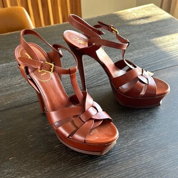 Saint Laurent Brown Leather Knotted High Heel Sandals - Picture 2 of 6